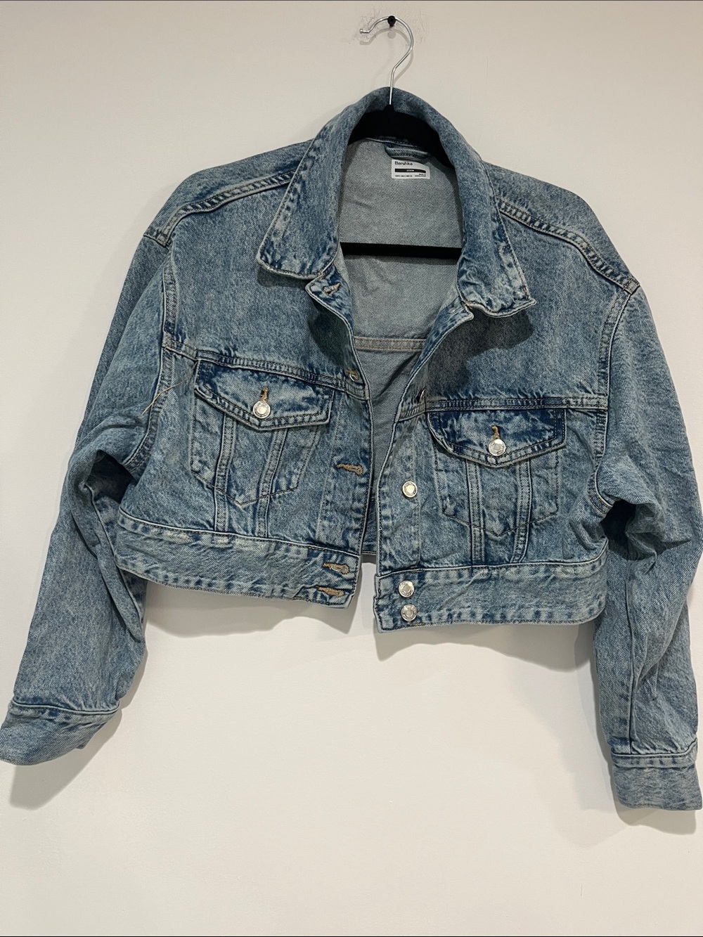 Bershka Washed Light Blue Cropped Denim Jacket